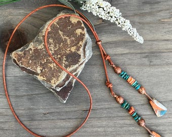 Southwest Style Turquoise Spiny Oyster and Copper Lariat Necklace