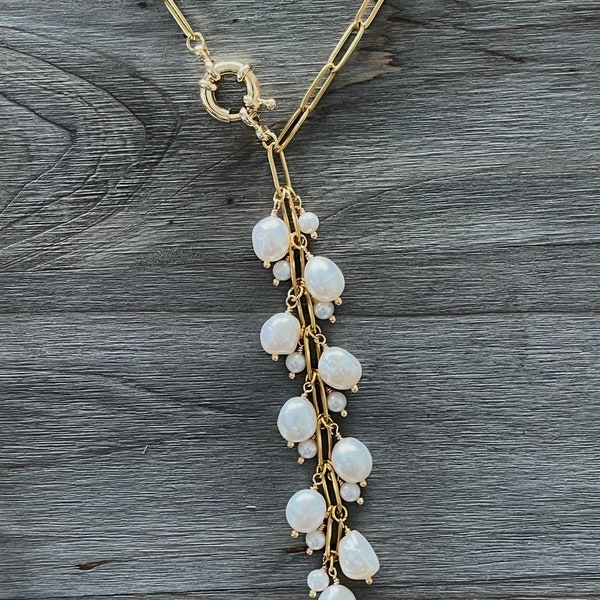 Pretty Pearl with Paperclip Chain Waterfall Necklace