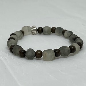 Hand Beaded Gray Ghana Glass and Gray Wood Stretch Bracelet B57