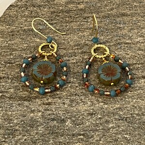 Hand Crafted Czech Glass Earrings in Green, Copper and Gold E36