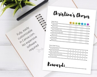 Tabla de tareas imprimible para niños, personalización, responsabilidad y recompensa