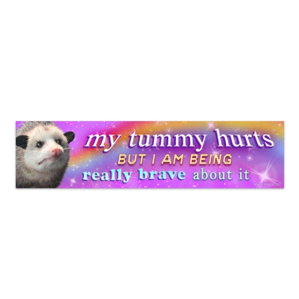 My tummy hurts but i'm being really brave about it - funny possum bumper sticker, opossum, IBS, tummy ache survivor, gen z, meme sticker