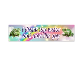 Funny Bumper Sticker - I drank tap water and now i'm gay - gay frog, rainbow, pride, lgbtq, weird car decal, unhinged car sticker, gen z