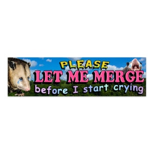 Please Let Me Merge Before I Start Crying - Funny Possum Bumper Sticker, Weird Funny Weatherproof Opossum Car Sticker - Weirdcore Gen Z