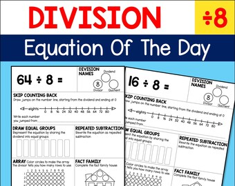 Divide by 8 Practice Math Worksheets, Division Equation of the Day Daily Routine, Multiple Ways to Represent Division, Printable PDF Pages