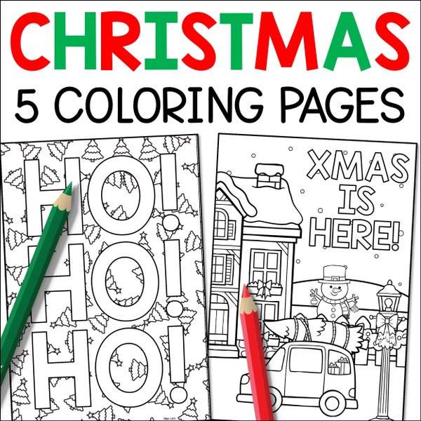 Christmas Coloring Pages Digital Download, Kids Holiday Activity, Xmas Printable Coloring, Festive Fun, Set of 5 Sheets