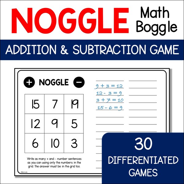 Noggle Math Game, Math Boggle, Addition and Subtraction Practice, Printable PDF Math Game for Number Fact Fluency, 3rd Grade, 2nd Grade