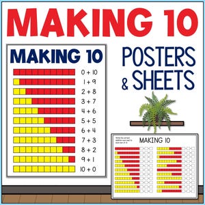 Toevoeging aan 10 cijferbindingen wiskundeposter en werkblad, wiskundig feit vloeiendheid oefenactiviteit, homeschool educatieve poster afdrukbaar pdf-blad