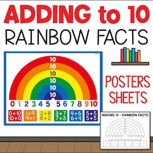 Póster imprimible y hoja de trabajo de fluidez matemática sobre la suma de 10 vínculos numéricos, póster y hoja de pared con datos sobre el arcoíris para el aula, aprendizaje en el hogar