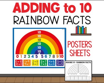 Addition to 10 Number Bonds Printable Poster and Math Fluency Worksheet, Rainbow Facts Classroom Wall Poster & Sheet, Homeschool Learning