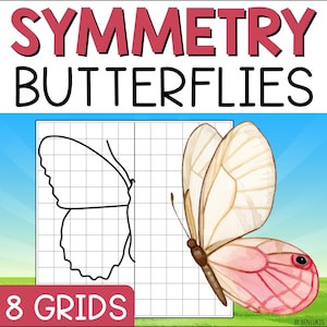 May include: A black and white line drawing of a butterfly on a grid with 8 squares. The butterfly is symmetrical. On the right side of the image is a colourful butterfly with pink and white wings.