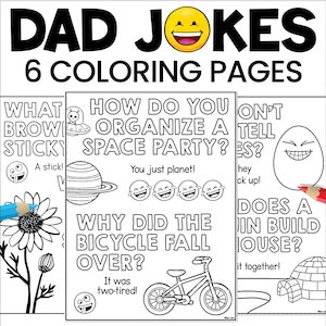 Op de afbeelding: Een set van 6 kleurplaten getiteld DAD JOKES met zwart-witte lijntekeningen. De pagina's bevatten grappen zoals How do you organize a space party? You just planet! en Why did the bicycle fall over? It was two-tired!