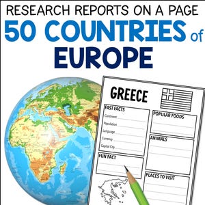Europe Country Research Templates for Kids to Learn Geography, European Countries Homeschool World Geography Unit Continent Facts Research