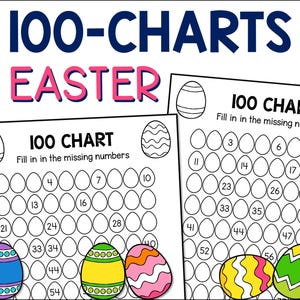 May include: Two printable 100-chart worksheets featuring Easter egg designs. The worksheets are titled "100 Chart" and instruct users to "Fill in the missing numbers".