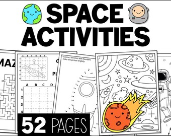 May include: A set of 52 printable space-themed activity pages for kids. The pages include a maze, connect-the-dots, and coloring pages featuring planets, stars, rockets, and astronauts.