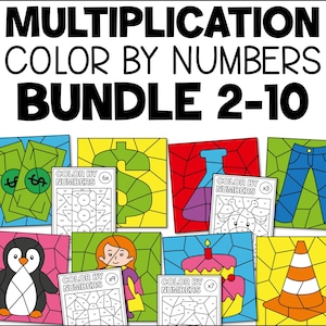 Puede incluir: Un conjunto de diez hojas de trabajo imprimibles para colorear por números que presentan problemas de multiplicación para los números del 2 al 10. Cada hoja de trabajo incluye una imagen colorida para colorear, como un pingüino, un signo de dólar, un pastel de cumpleaños y un cono de tráfico.