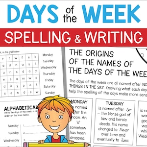 Dagen van de week Spelling- en schrijfactiviteiten, werkbladen dagnamen alfabetisering, herkomst van namen, lettergrepen, woord zoeken, thuisonderwijs ELA Fun