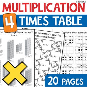 Multiplication Practice Worksheets for 4 Times Table, Printable Multiplication Sheets for Math Number Fluency, Recall and Understanding