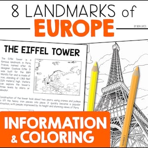 Toeristische attracties in Europa, bezienswaardigheden van Europa, geografie-feiten en kleurplaten - Eiffeltoren, Colosseum, Zwitserse Alpen, Stonehenge enz.