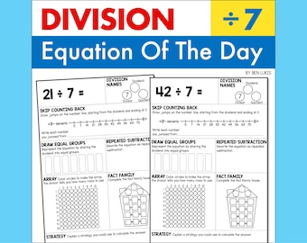 Hojas de trabajo de división por 7, ecuación del día (PDF imprimible)