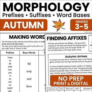 May include: An educational worksheet titled Morphology: Prefixes, Suffixes, Word Bases, Autumn, Grades 3-5. It features a table for making words with prefixes and base words, and a section titled Finding Affixes with a passage about autumn.