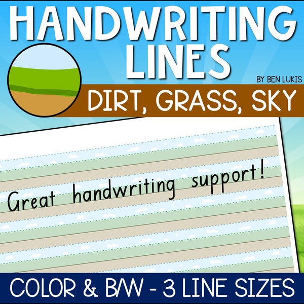 Handwriting Lined Pages, Printable Writing Lines, Lined Paper For Writing Practice, Homeschool Printable PDF Ground Dirt Grass Sky Letters