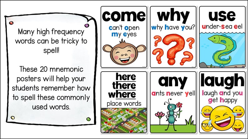 Mnemonic Spelling Posters for 20 Sight Words, Homeschool Spelling 