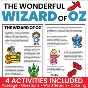 May include: A poster titled The Wonderful Wizard of Oz featuring a story summary, illustrations of characters like Dorothy, the Tin Man, the Scarecrow, the Cowardly Lion, a flying monkey, and a castle, plus red shoes and text about 4 activities included.