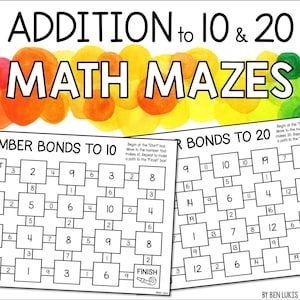 Puede incluir: Dos hojas de trabajo de laberinto de matemáticas imprimibles en blanco y negro para niños. La primera hoja de trabajo se titula "Enlaces de números a 10" y la segunda hoja de trabajo se titula "Enlaces de números a 20". Ambas hojas de trabajo presentan una cuadrícula de números e instrucciones para seguir un camino a través del laberinto.