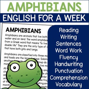 Peut inclure: Un graphique coloré avec le mot "Amphibiens" en grandes lettres vertes et en gras. Le texte "Anglais pour une semaine" est sous le mot "Amphibiens". Le graphique comprend également une grenouille de dessin animé avec une peau verte et de grands yeux noirs. Le graphique énumère plusieurs activités éducatives liées aux amphibiens, notamment la lecture, l'écriture, les phrases, le travail des mots, la fluidité, l'écriture manuscrite, la ponctuation, la compréhension et le vocabulaire.