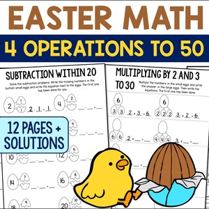 Easter Math Worksheets, Digital Download, Addition Subtraction Multiplication Division, Kids Educational Activity, 12 Pages PDF Download