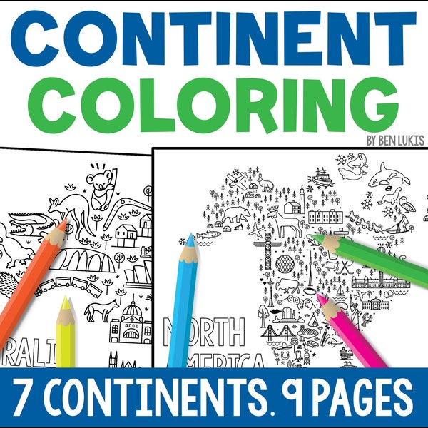 Continent Coloring Pages, Kids Educational World Map Activity, Printable Geography Homeschool Resource, Instant Download, World Continents