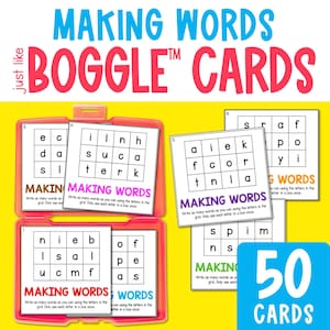 Boggle-kaarten voor spelling en woorden maken, afdrukbare pdf-boggle, taakkaarten spellingspel, activiteiten voor snelle afmaker, leuke woorduitdagingen