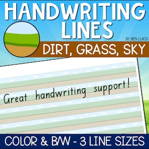 Páginas rayadas para escribir a mano, líneas de escritura imprimibles, papel rayado para practicar la escritura, PDF imprimible para educación en el hogar Tierra, tierra, césped, cielo, letras