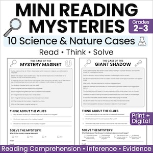 Op de afbeelding: Een Mini Reading Mysteries werkblad voor groep 4-5 met 10 wetenschaps- en natuurcases. De pagina bevat twee activiteiten getiteld The Case of the Mystery Magnet en The Case of the Giant Shadow met tekst, vragen en selectievakjes.