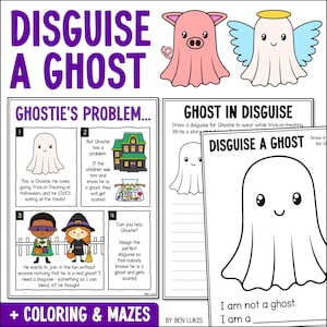 Puede incluir: Una hoja de actividades con temática de Halloween titulada "Disguise a Ghost" con páginas para colorear y laberintos. La hoja presenta un personaje fantasma, un cerdo con disfraz de fantasma y un fantasma ángel. Incluye el texto "Ghostie's Problem" y "Ghost in Disguise".
