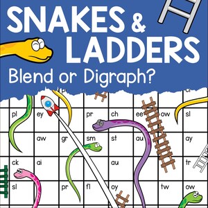 Può includere: Un tabellone da gioco colorato di Serpenti e Scale con un razzo e serpenti. Il tabellone da gioco è progettato per aiutare i bambini a imparare le combinazioni di consonanti e i digrafi. Il tabellone da gioco ha uno sfondo blu con caselle bianche e un serpente giallo, verde e viola.
