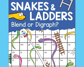 Könnte beinhalten: Ein farbenfrohes Spielbrett für Schlangen und Leitern mit einer Rakete und Schlangen. Das Spielbrett ist so konzipiert, dass Kinder Blends und Digraphs lernen. Das Spielbrett hat einen blauen Hintergrund mit weißen Feldern und eine gelbe, grüne und violette Schlange.
