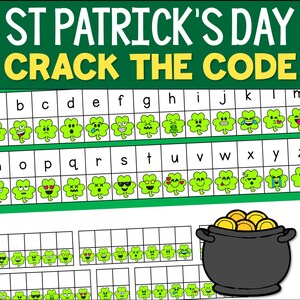 May include: A St. Patrick's Day themed alphabet code-cracking activity. The alphabet is represented by shamrock icons with different facial expressions.  The code is to be cracked by matching the shamrock icons to the letters of the alphabet.  The code is to be written in the grid below the alphabet.