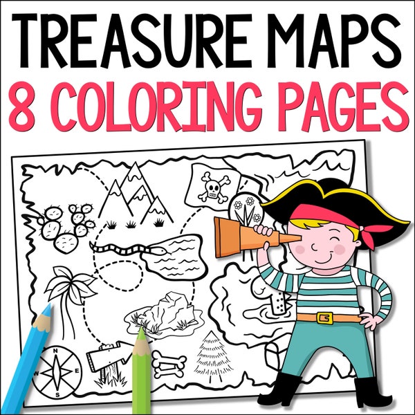 Pirate Treasure Maps Coloring Pages, Kids Printable Activity, Digital Download, Birthday Party Favors, Educational Fun Sheets