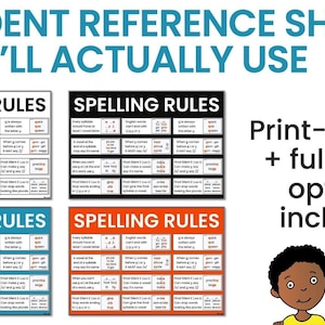 The image is a collection of four student reference sheets, each with different spelling rules and examples. The sheets are designed to help students learn and practice spelling rules, with clear instructions and colorful illustrations.