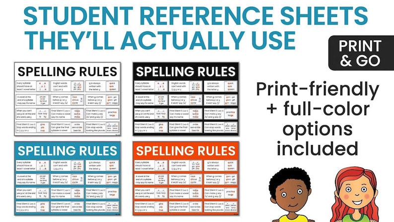The image is a collection of four student reference sheets, each with different spelling rules and examples. The sheets are designed to help students learn and practice spelling rules, with clear instructions and colorful illustrations.