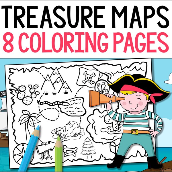 Pirate Treasure Maps Coloring Pages, Kids Printable Activity, Digital Download, Birthday Party Favors, Educational Fun Sheets