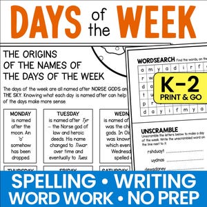 Days of the Week Printable Worksheets, Spelling Writing Activities K-2, Etymology for Kids Word Work, Handwriting Practice, PDF Download