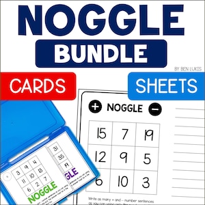 Könnte beinhalten: Eine pädagogische Noggle Bundle-Ressource mit Karten und Blättern. Das Bild zeigt eine blaue Kartenhülle mit einer Noggle-Spielkarte und einem Blatt mit einem Zahlenraster. Der Text enthält "NOGGLE BUNDLE", "CARDS" und "SHEETS".