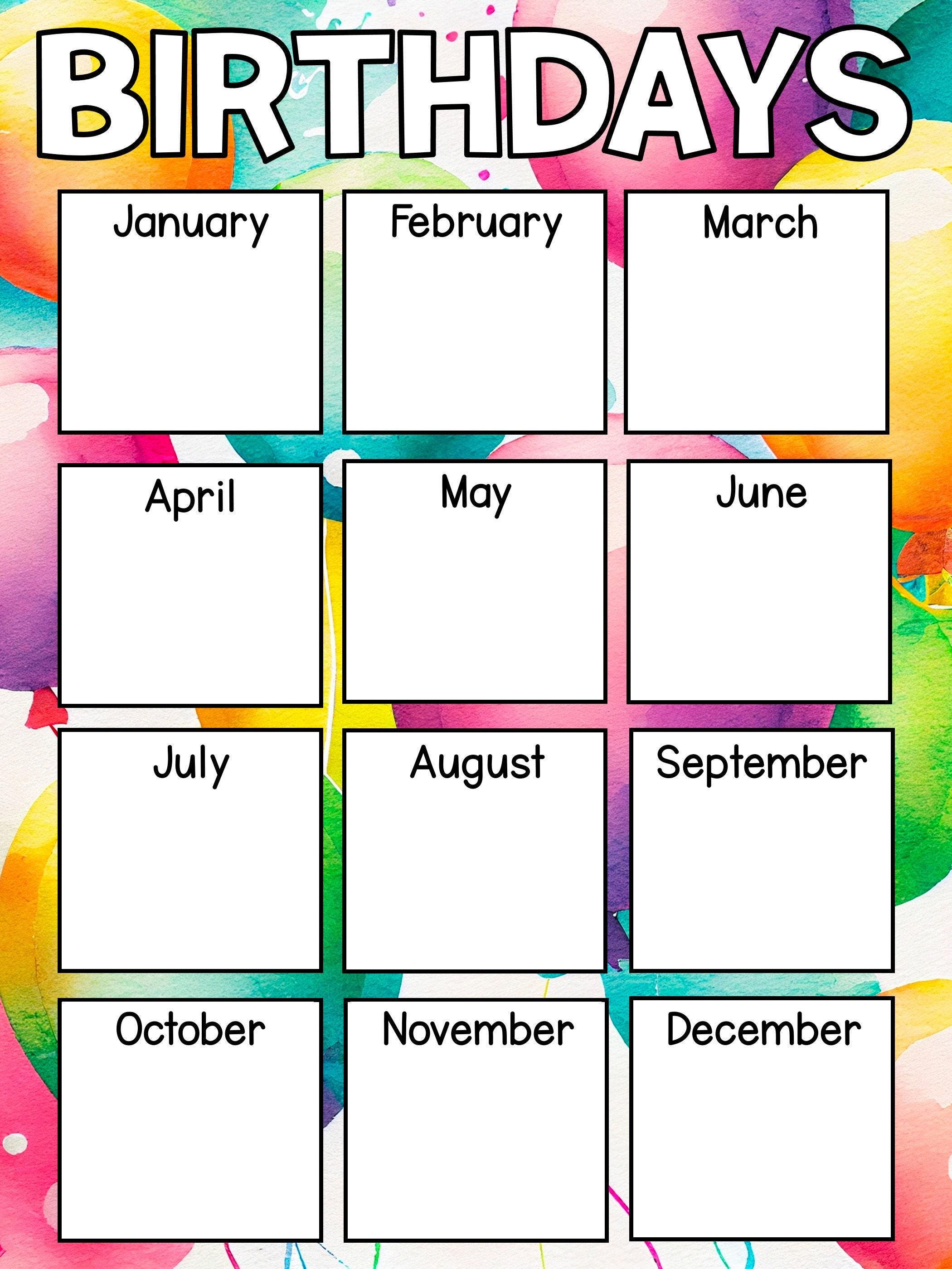 Birthday Chart Posters, Classroom Calendar (printable PDF Download) - Etsy