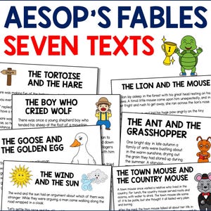 May include: Seven printable pages featuring Aesop's fables: The Tortoise and the Hare, The Boy Who Cried Wolf, The Goose and the Golden Egg, The Wind and the Sun, The Lion and the Mouse, The Ant and the Grasshopper, and The Town Mouse and the Country Mouse. Each page includes a title, illustration, and text.