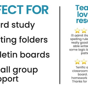 The image is a graphic with a list of features that a perfect resource for teachers, including a word study, writing folders, bulletin boards, and a small group support. It also includes a rating system with five stars, indicating that the resource is highly recommended.