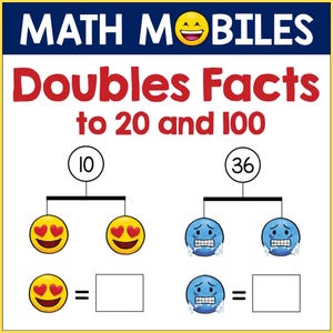 Wiskunde verdubbelt feiten tot werkbladen 20 en 100, vroege algebra-toevoegbladen, wiskundige getalvergelijkingen met emoji's, afdrukbare pdf voor thuisonderwijs