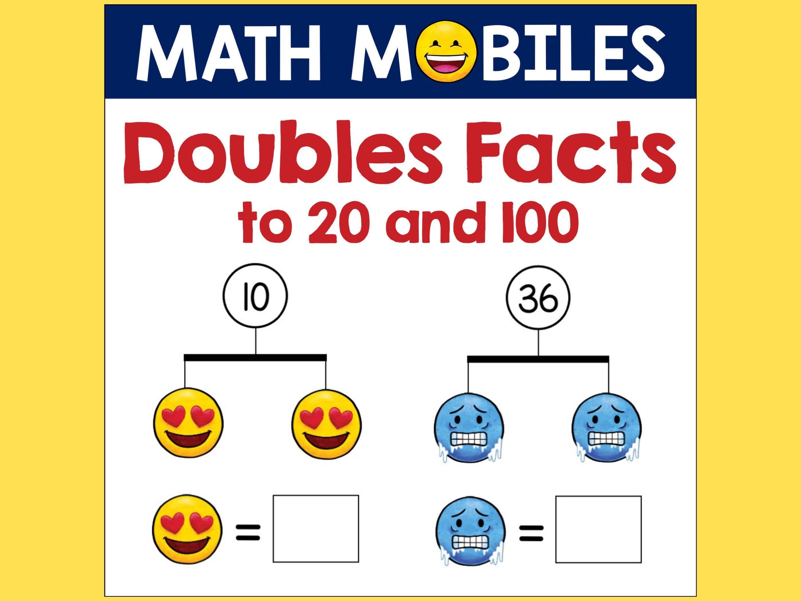 Math Doubles Facts to 20 and 100 Worksheets, Early Algebra Addition Sheets, Math Number Equations with Emojis, Homeschool Math Printable PDF